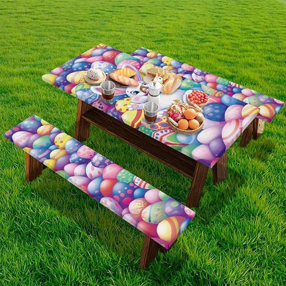 Easter Bunny Eggs Picnic Table Cover for Outdoor Camping Easter Bunny Eggs Elastic Fitted Table Cloth for Camping Party Supplies 3 PCS Set