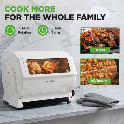 NutriChef Horizontal Rotating Shawarma Oven | Rotisserie, Shawarma & Kebab Machine | Includes Large 22.4 Quart Capacity, 3-Hour Timer & 6 Kebab Skewers | Ideal for Chicken,Turkey & Lamb | White