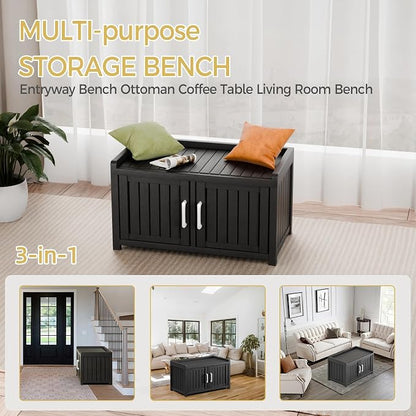 2-Tier Storage Bench, 2 Doors Waterproof Resin Shoe Bench with Adjustable Shelves - Entryway Bench with Seating, Indoor & Outdoor Use for Bedroom, Hallway, Living Room, Black
