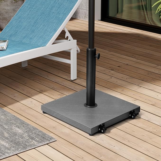 Patio Umbrella Base with Wheels, 43lbs Outdoor Umbrella Stand | With 2 Wheels, Square Heavy Duty Base, Suitable for 6-12FT Most Market Umbrella, for Deck, Lawn, Poolside