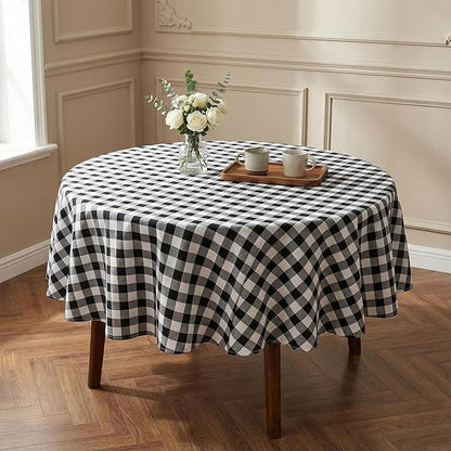 Waterproof Gingham Tablecloth, Checkered Fabric Table Cover for Kitchen Dining, Black & White Plaid Table Cloth, Rectangle Table Cloth for Indoor Outdoor Use, 60" Round