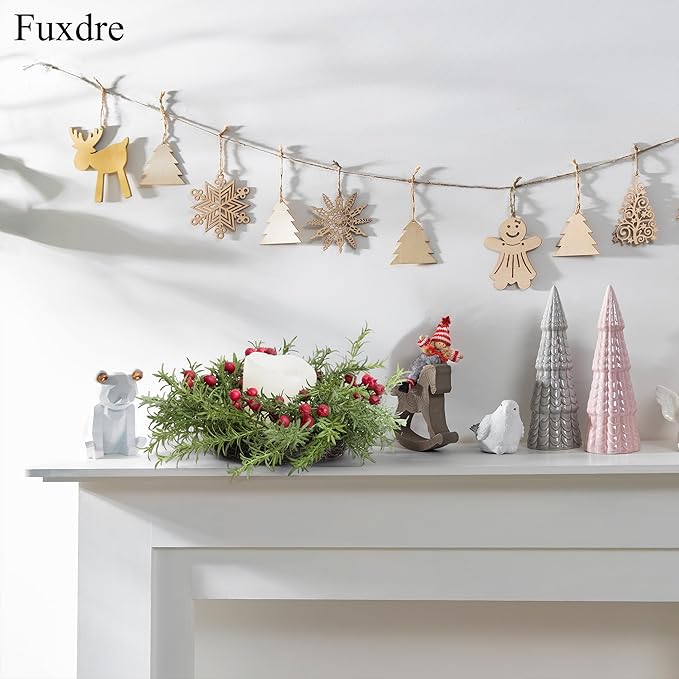 2 Pcs Christmas Candle Rings Wreaths, 10 Inch Candle Wreath with Artificial Berries Rosemary, Christmas Candle Holder Indoor Decor for Home Kitchen Cabinets Centerpieces for Tables