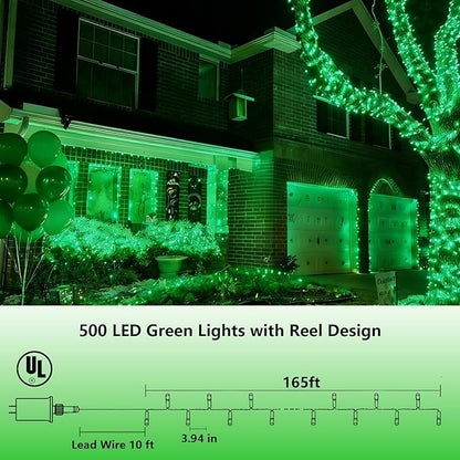 YEGUO 165ft 500 LED Halloween String Lights Outdoor Waterproof, Green String Lights Indoor Plug in, 8 Modes Clear Wire Twinkle Lights for Christmas Tree