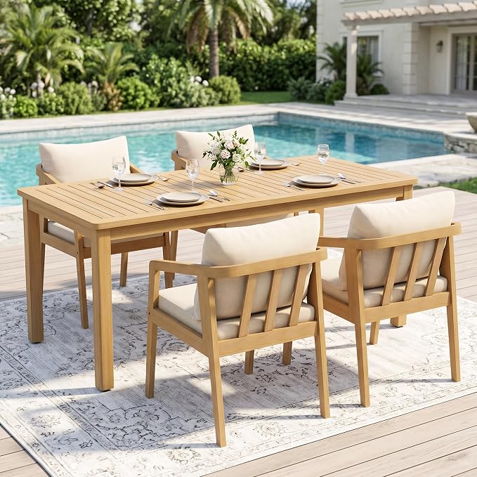 Wisteria Lane 5-Pieces Acacia Patio Table and Chairs Set for 4, Outdoor Dining Set with Umbrella Hole Table, Modern Patio Table Set with Cushion, Patio Furniture Set for Backyard Deck Garden Porch