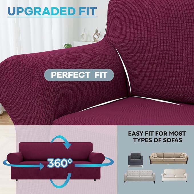 LURKA Stretch Couch Cover for Sofa, 1 Piece 3 Cushion Slipcover, Wine | Soft Stretch Jacquard, Fits 78"-94" Sofas, Elastic Bottom for Secure Fit, Machine Washable, Pet & Kid Friendly