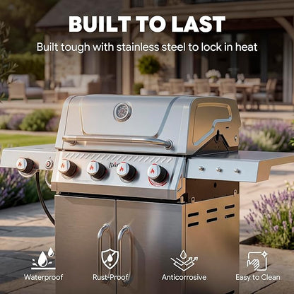 Feasto 4-Burner Propane Gas Grill w/Sear & Side Burner, Stainless Steel Construction w/Porcelain-Enameled Main Body, 49,500 BTU Outdoor BBQ Grill, 563 Sq. In. Cooking Area, Cabinet Storage, Silver
