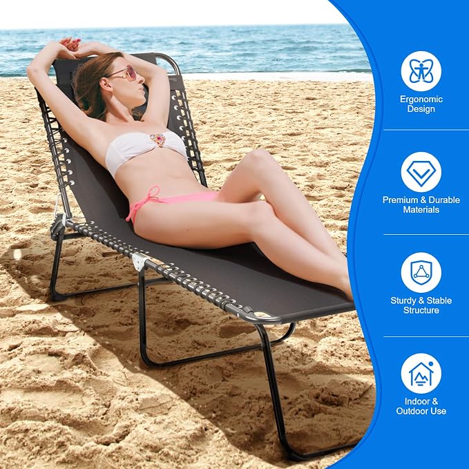Giantex Chaise Lounge Chair Outdoor - Patio Lounge Chair w/Pillow, 4-Level Adjustable Backrest, 2-Level Footrest, Heightened 16” Pool Lounger for Beach, Lawn, Tanning Chairs for Outside (1, Black)