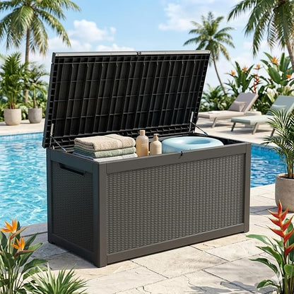 Outdoor Storage Box, 320 Gallon Lockable Resin Deck Box Large Waterproof, Patio Storage Bin for Furniture Cushion, Garden Tools and Pool Accessories, UV-Resistant Bench for Outside, Black