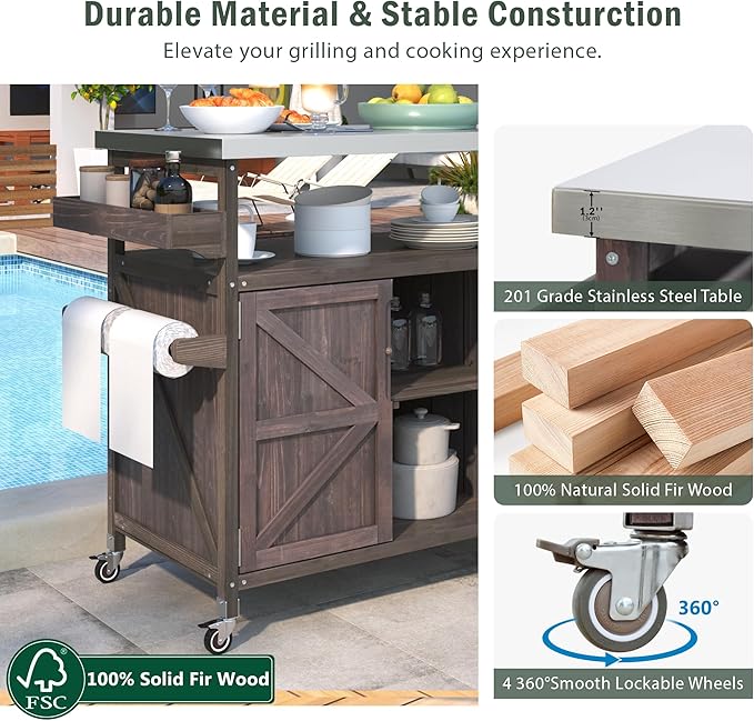 LUMISOL Outdoor Grill Cart with Stainless Steel Top, Farmhouse Solid Wood Kitchen Island with Storage Rack, Outdoor Rolling Bar Cart & Storage Cabinet with Spice & Towel Rack, Dark Brown