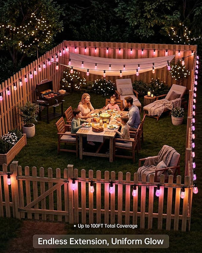 50FT Smart Outdoor String Lights, Color Changing ST48 Multi-color LED Patio Lights with Music Sync, LotusLamp X APP & Remote, IP65 Waterproof Shatterproof Outdoor Lights for Cafe Bistro Backyard