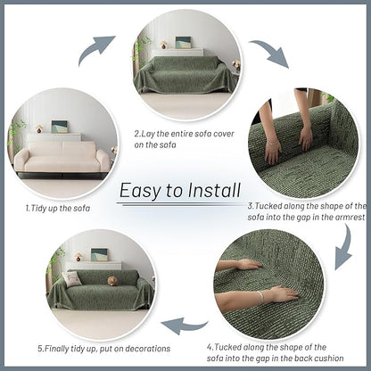 MYSKY HOME Boho Couch Cover Moss Green Sofa Covers with Tassel Farmhouse Sofa Slipcover Simple Couch Protector for Dogs Chenille Sectional Couch Covers L Shaped Couch Cushion Covers, 71"x 134"