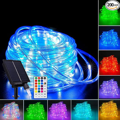 Vigdur 66FT Solar Rope Lights Outdoor - 200 LEDs 18 Color Changing Fairy Lights Outdoor Waterproof with Remote & Timer & 8 Lighting Modes, Solar String Lights for Xmas Garden Fence Tree Party
