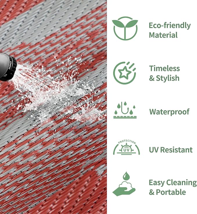 GENIMO Outdoor Rug, Waterproof Plastic Rugs for Patio, 6'x9' Crimson Grey | Outside Larger Modern Carpet Mat for Porch Decor, Deck, Balcony, Camping, RV, Backyard, Picnic, Beach, Reversible, Foldable