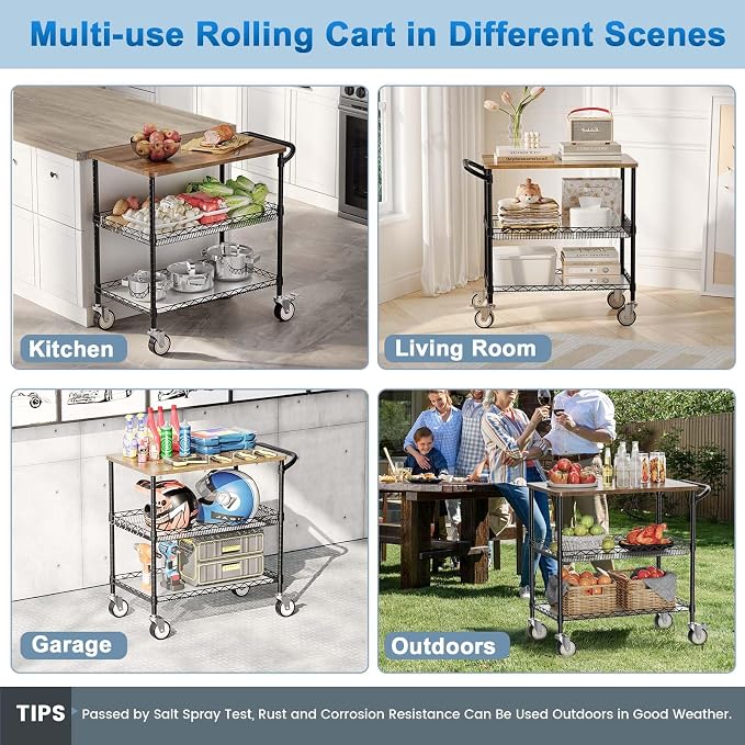 Rolling Kitchen Carts with Wheels, 3-Tier Utility Cart with Wood Tabletop | NSF Commercial Metal Serving Cart with Handle and Shelf Liner for Kitchen Snacks,34"D x 17.5"W x 32.5"H,Black