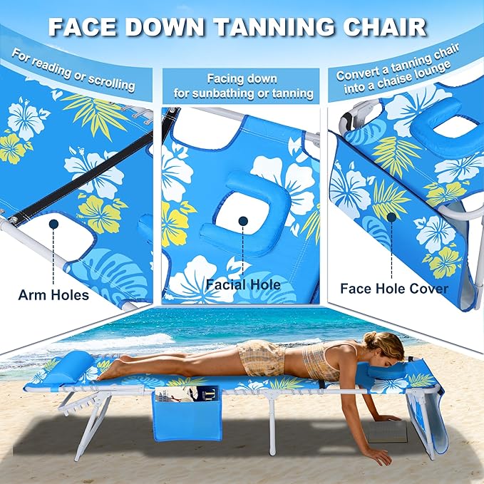 Luxfero 3-in-1 Beach Lounge Chair with Umbrella, Sun Tanning Chair with Face Hole&5-Position Recliner, Folding Lounge Chair Outdoor Lay Flat, Max 350lbs,Portable Tanning Chair with Pillow&Pocket-Blue
