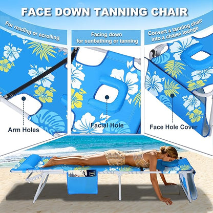 Luxfero 3-in-1 Beach Lounge Chair with Umbrella, Sun Tanning Chair with Face Hole&5-Position Recliner, Folding Lounge Chair Outdoor Lay Flat, Max 350lbs,Portable Tanning Chair with Pillow&Pocket-Blue