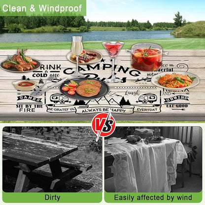 JAWO Camping Rules Wooden Plank Picnic Table Cover with Bench Covers, Camper RV Essentials Gear Supplies Outdoor Waterproof Windproof Tablecloth with Elastic, 30x72 Inch