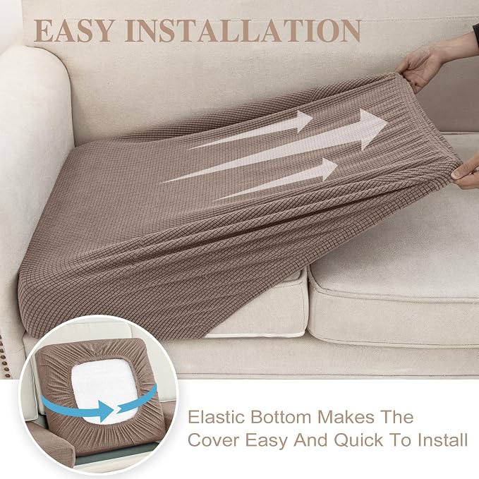 LA MEACK Couch Cushion Covers for Sectional Sofa L Shape Washable Separate Seat Chaise Couch Cover Stretch Sofa Slipcovers with 2 Pcs Pillowcases(3 Seater + 1 Chaise, Khaki)