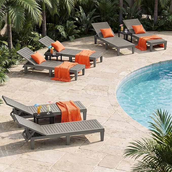 Outdoor Lounge Chair Set of 6, 5-Positions Adjustable Patio Chaise Lounges, Waterproof Tanning Chairs for Poolside, Backyard, Scratch-Resistant & Easy to Clean (Striped Grey, Set of 6)