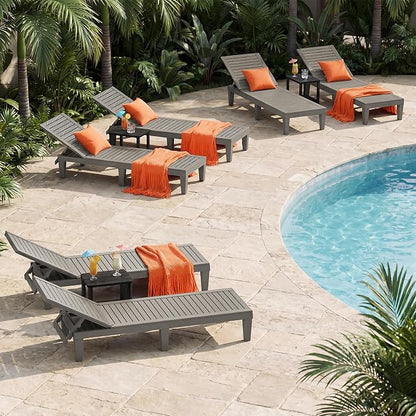 NUNU LAB Patio Chaise Lounges Set of 6, 5-Position Adjustable Patio Recliners with All-Weather Resin, Sun Loungers for Deck, Garden, Beach, Pool Sunbathing, Grey 6 Pack
