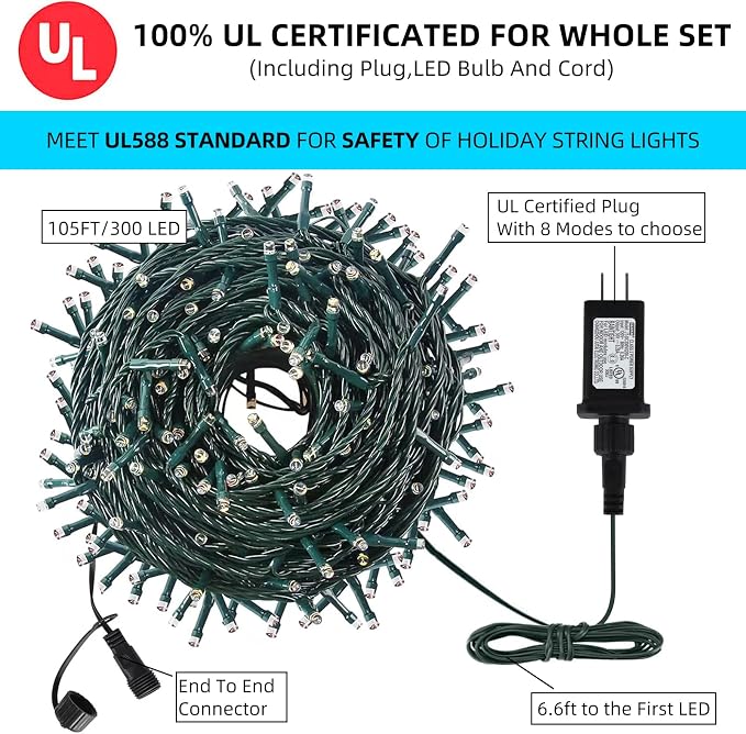 MZD8391 105FT 300LED Christmas Light, Waterproof Christmas Tree Light White | 100% UL List, 8 Light Mode,Timer & Memory, End To End Connect, Christmas String Light Oudoor Indoor, Christmas Fairy Light