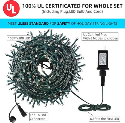 MZD8391 105FT 300LED Christmas Light, Waterproof Christmas Tree Light White | 100% UL List, 8 Light Mode,Timer & Memory, End To End Connect, Christmas String Light Oudoor Indoor, Christmas Fairy Light