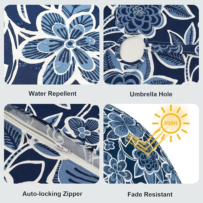 LVTXIII Round Outdoor Tablecloth with Umbrella Hole and Zipper, Water-Repellent 60 Inch Patio Table Cover for Bistro, Garden, Patio & Picnic, Flower Navy