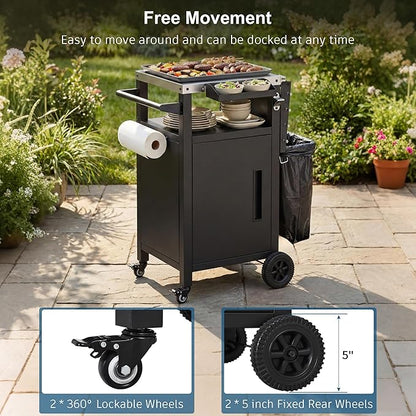 Outdoor Kitchen Island and Grill Cart with Stainless Steel Top, 33.9" Mobile BBQ Prep Table with Drop Leaf, Storage Cabinet, Spice & Paper Towel Rack, Rolling Pizza Oven Stand for Patio