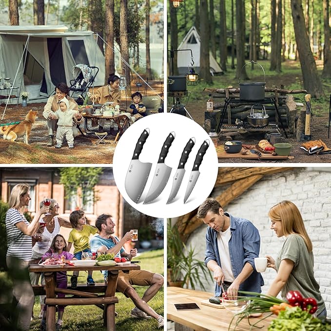 FINTISO Hand Forged Viking Knife Set, 4 PCS Kitchen Knives with Butcher Knife, Serbian Chef Knife & 2 Boning Knives, 5-Layer High Carbon Steel, Full Tang G10 Handle for Kitchen, BBQ & Camping