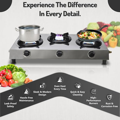 Three Burner Stove Stainless Steel Propane Portable Cooktop Range | Propane Range 3 Burner Cooktop, Indian Style Gas Stove for Outdoor Cooking on 3 Burner Gas Stove Camp Stove