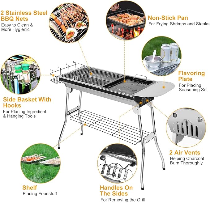 Grills Outdoor Cooking Charcoal, Kabob Grill Portable BBQ Grill Large Charcoal Grill for Picnic, Patio and Backyard Barbecue With Non-Stick Frying Pan