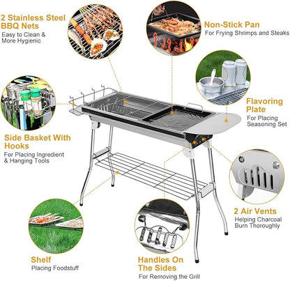 Grills Outdoor Cooking Charcoal, Kabob Grill Portable BBQ Grill Large Charcoal Grill for Picnic, Patio and Backyard Barbecue With Non-Stick Frying Pan