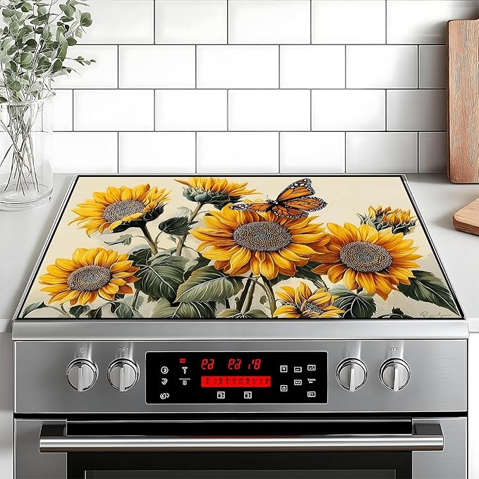 Stove Top Cover Retro Flower Gas Stove Top Cover for Home Decoration Kitchen Pad Non-Stick Washable Cooktop Covers Countertop Protector Keep Stove Clean 28"x20" (sunflower-1)