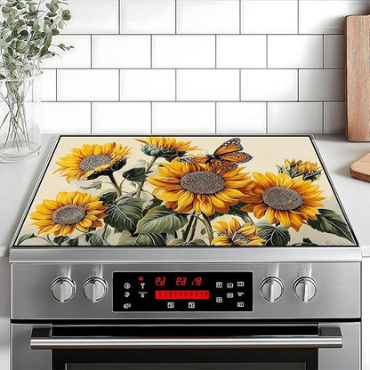 Stove Top Cover Retro Flower Gas Stove Top Cover for Home Decoration Kitchen Pad Non-Stick Washable Cooktop Covers Countertop Protector Keep Stove Clean 28"x20" (sunflower-1)