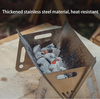 Mini Portable Camping Grill with Bamboo Stick/Storage bag, Small Assemblable Removable BBQ Grill Tabletop Fire Pit for Camping Patio Outdoor Stainless Steel Camping Grill Folding Barbecue Grills