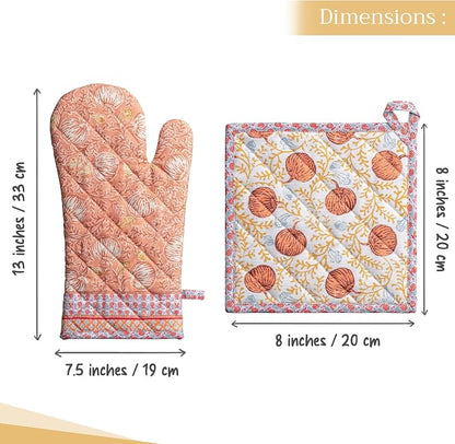 Maison d' Hermine 100% Cotton Oven Mitt & Pot Holder Set (7.5"x13" & 8"x8") | Heat Resistant BBQ Cooking Gloves with Loop Baking Kitchen Hotel Home Farmhouse Thanksgiving Christmas - Harvest Festival