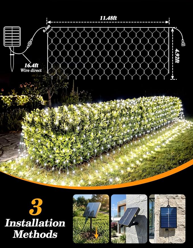 11.5x5FT Solar Christmas Net Lights Outdoor Waterproof with Remote | 240LED 8 Modes Solar & USB Powered Mesh Lights with Green Wire for Gazebo, Bush, Garden Shrubs, Lawn, Patio Decor, Cool White