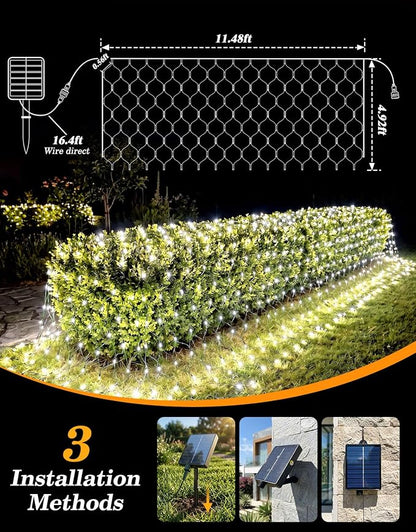 11.5x5FT Solar Christmas Net Lights Outdoor Waterproof with Remote | 240LED 8 Modes Solar & USB Powered Mesh Lights with Green Wire for Gazebo, Bush, Garden Shrubs, Lawn, Patio Decor, Cool White