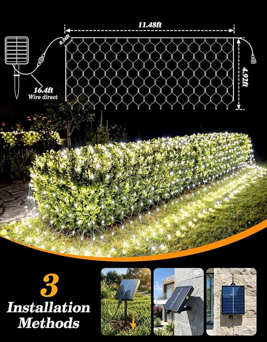 11.5x5FT Solar Christmas Net Lights Outdoor Waterproof with Remote | 240LED 8 Modes Solar & USB Powered Mesh Lights with Green Wire for Gazebo, Bush, Garden Shrubs, Lawn, Patio Decor, Cool White