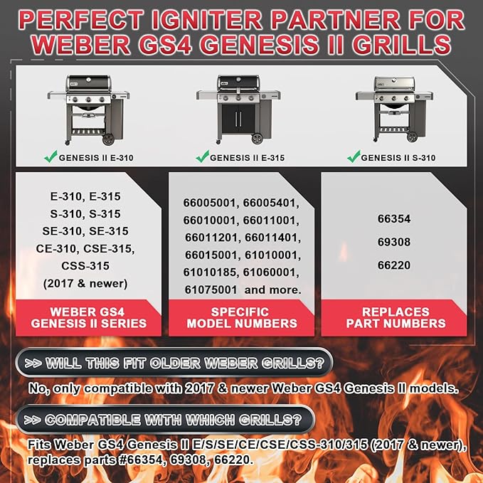 66354 Igniter Kit for Weber GS4 Genesis II Grill Parts Ignition 69308 for Weber GS4 2 E-310 Replacement, Genesis 2 E315, 2 S310, II S315, II SE-310, II SE-315, II CE-310, II CSE-315, II CSS-315 Grills