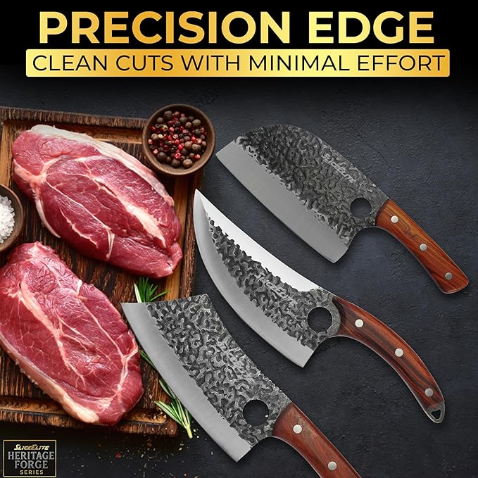 SliceElite Heritage Forge 3 Piece Butcher Knife Set Serbian Chef Meat Cleaver Viking Knife High Carbon Stainless Steel Full Tang Sandalwood Handle BBQ Grilling Camping Cooking Gift Set For Men & Women