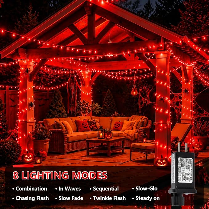 YEGUO 328ft 1000 LED Red Halloween String Lights, Clear Wire Christmas String Lights Indoor, 8 Modes Twinkle Tree Lights Plug in with Timer Memory.