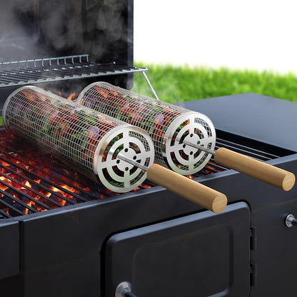 Sorbus Rolling BBQ Basket for Outdoor Grill - Stainless Steel Large Folding Barbecue Grilling Basket with Handle, Portable BBQ Accessories for Fish, Shrimp, Vegetables, Grilling Accessories, Gifts for Outdoor Cooking Camping (Round 2 Pack)