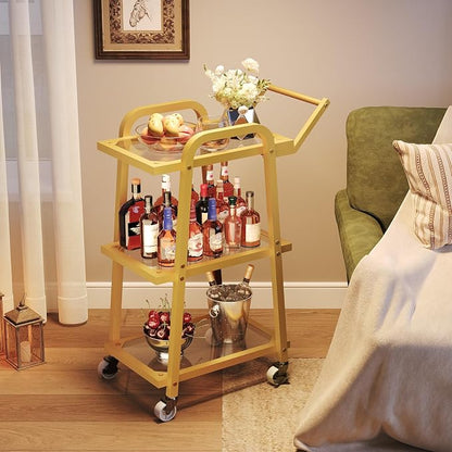 Bar Cart, 3-Tier Serving Cart for Home, Mobile Drink Cart with Wheels, Rolling Kitchen Cart, for Home Bar, Party, Living Room, Gold BC07GD