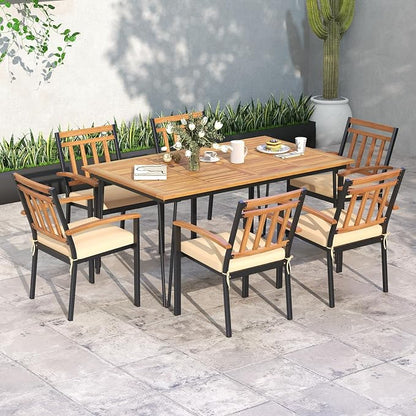 Tangkula 63" Large Patio Dining Table for 6, Acacia Wood 6-Person Dining Table with 2" Umbrella Hole & Metal Legs & Adjustable Foot Pads, Rectangular Outside Table for Garden, Poolside & Backyard