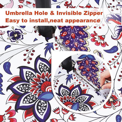 SquarePie 60'' Round Outdoor Tablecloth with Umbrella Hole and Zipper, Water Resistant SpillProof Patio Table Cloth for Spring Summer Camping Garden Poolside Picnic BBQS, Gorgeous Flowers