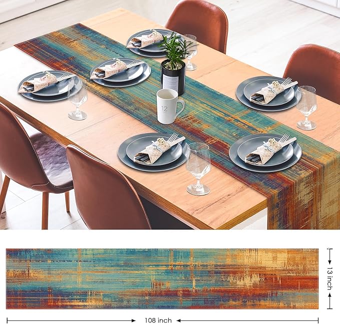 Emvency Blue and Orange Table Runner, Vintage Abstract Messy Rust Painting Dining Decor for Kitchen Coffee Table Family Dinners Holiday Parties Wedding Events Decor(13x108 inch)
