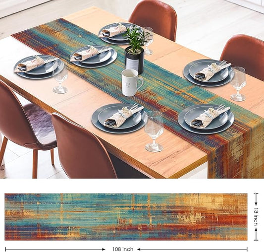 Emvency Blue and Orange Table Runner, Vintage Abstract Messy Rust Painting Dining Decor for Kitchen Coffee Table Family Dinners Holiday Parties Wedding Events Decor(13x108 inch)