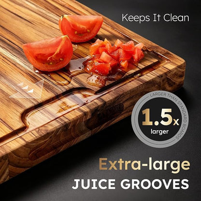2-Piece Teak Cutting Board Set, Butcher Blocks with Juice Groove | 1.25” Thick Cutting Board for Meat and Brisket, End Grain Cutting Board for Kitchen, Wooden Cutting Board for Carving