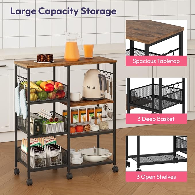 SWTYMIKI Kitchen Island Cart on Wheels - 4 Tier Rolling Kitchen Table Cart with Storage Shelves, 6 Removable Hooks& Locking Casters, Coffee Bar Cabinet for Dining Room Pantry Office, Espresso